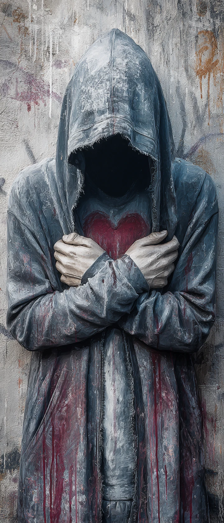 Vermummte Gestalt bricht verzweifelt an einer Graffiti-Wand zusammen