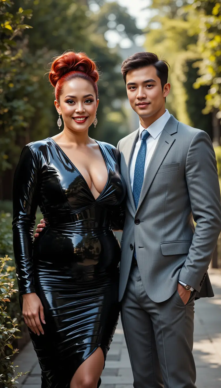 Stylish older woman in latex with young man in suit