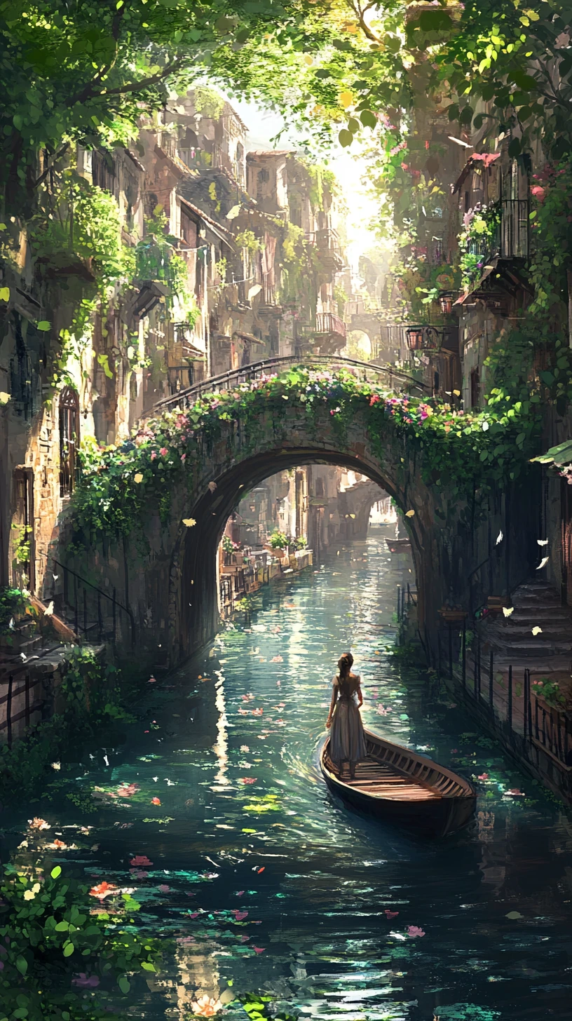 Young woman walking on bridge over tranquil Aztec canal