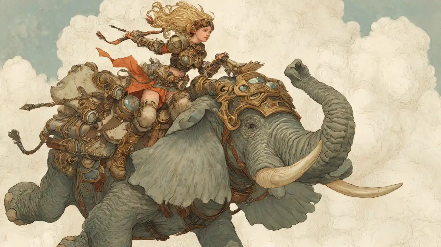 Steampunk barbarian girl riding a flying elephant