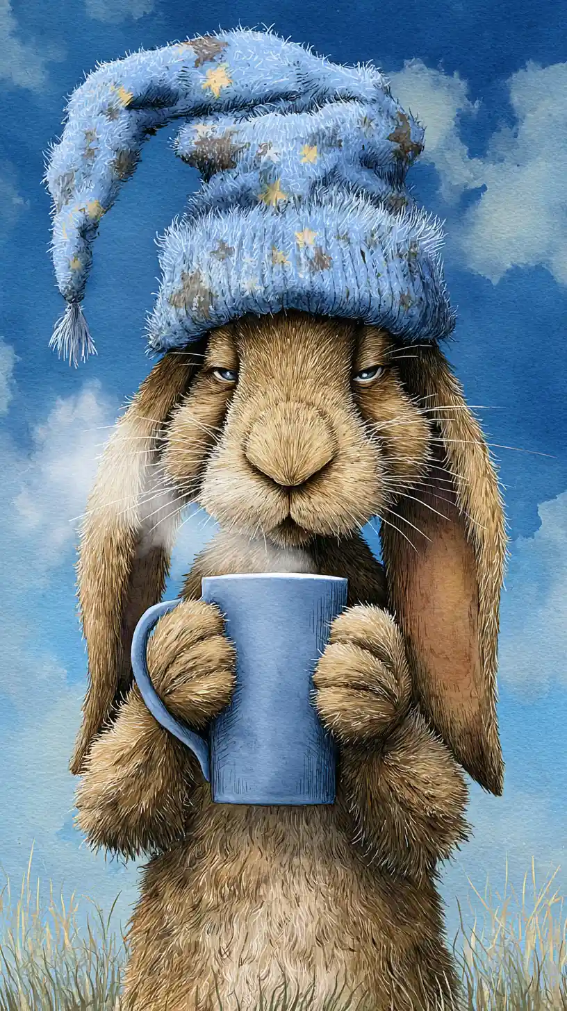 Sleepy easter rabbit yawning with coffee in wheat field