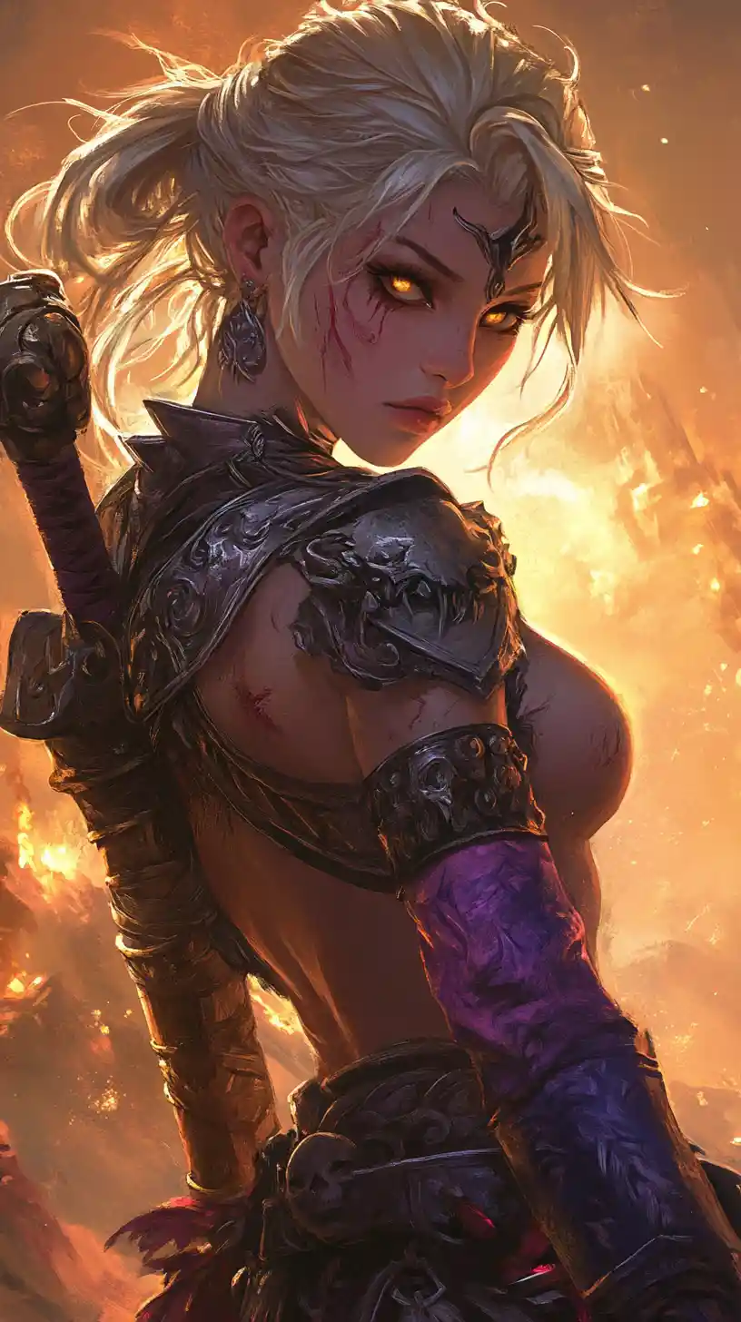Guerreira de anime em close, com cicatrizes e tatuagens