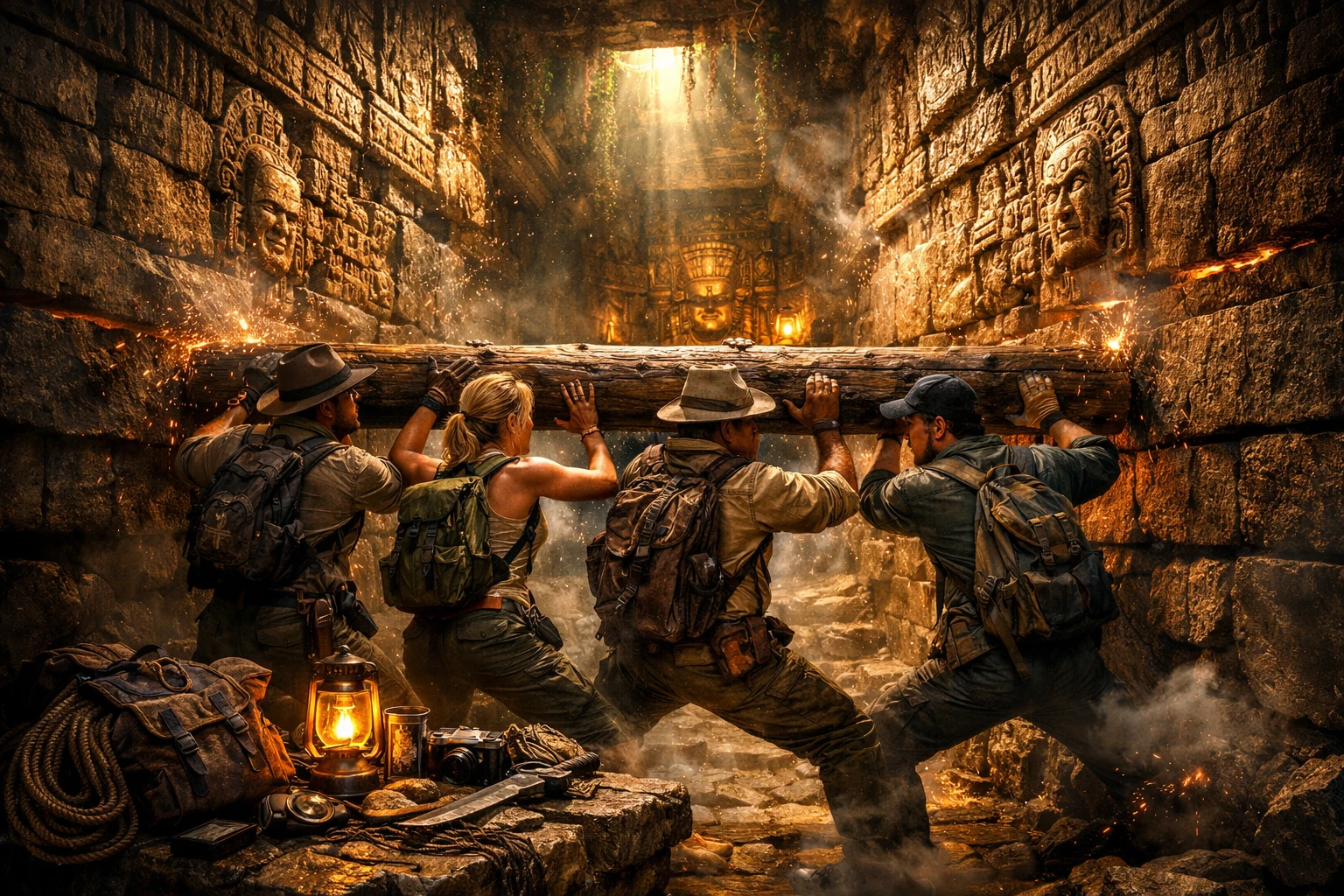 Adventurers Holding Back Moving Walls In Ancient Temple