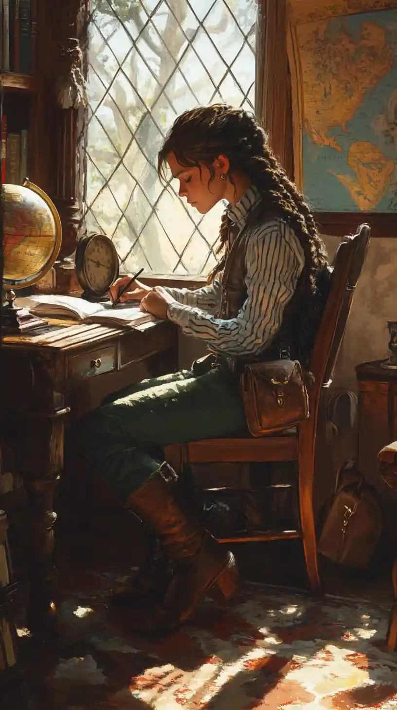 Focused student writing at a wooden desk in warm study