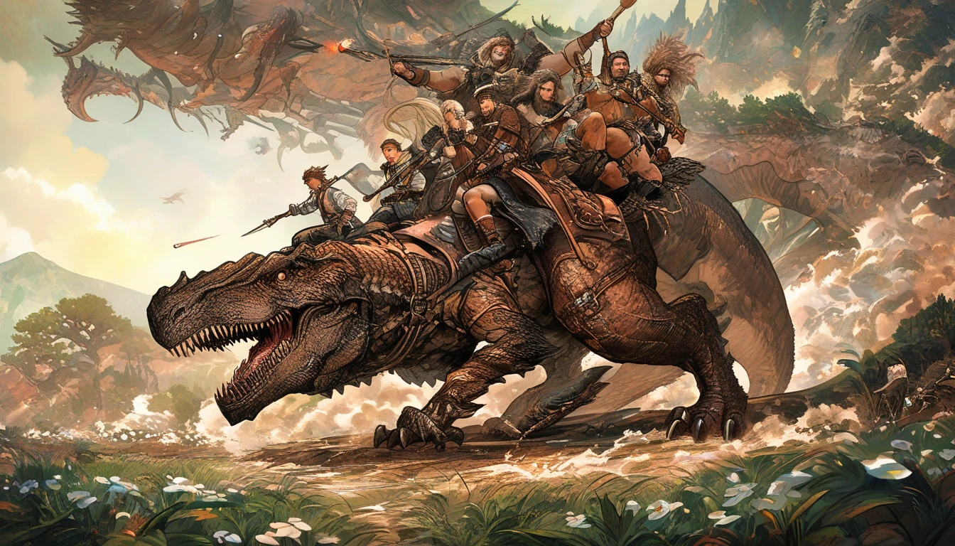 Steampunk-Kriegerin reitet auf einem Dinosaurier in die Schlacht