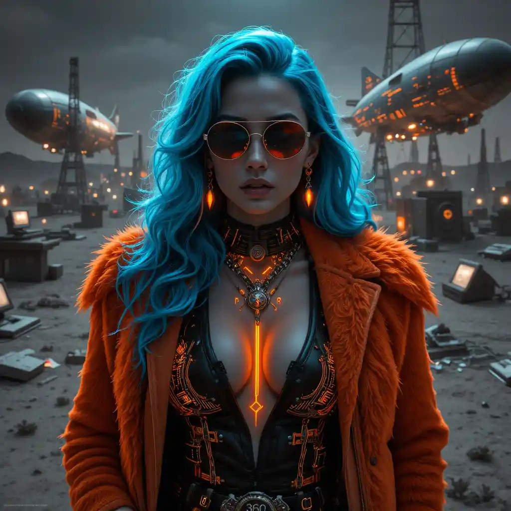 Cyberpunk-Noir-Frau im neonfarbenen Aviator-Pelzmantel