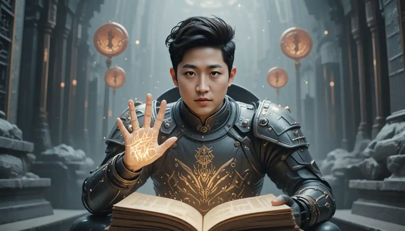 Young man in exoskeleton armor absorbing ancient mystical power