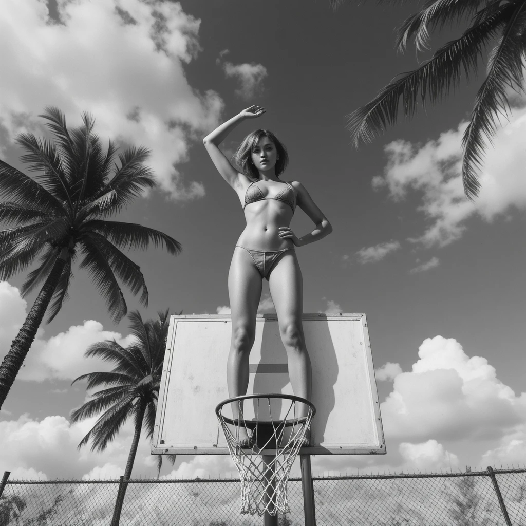 Black and white woman in bikini posing on basketball hoop