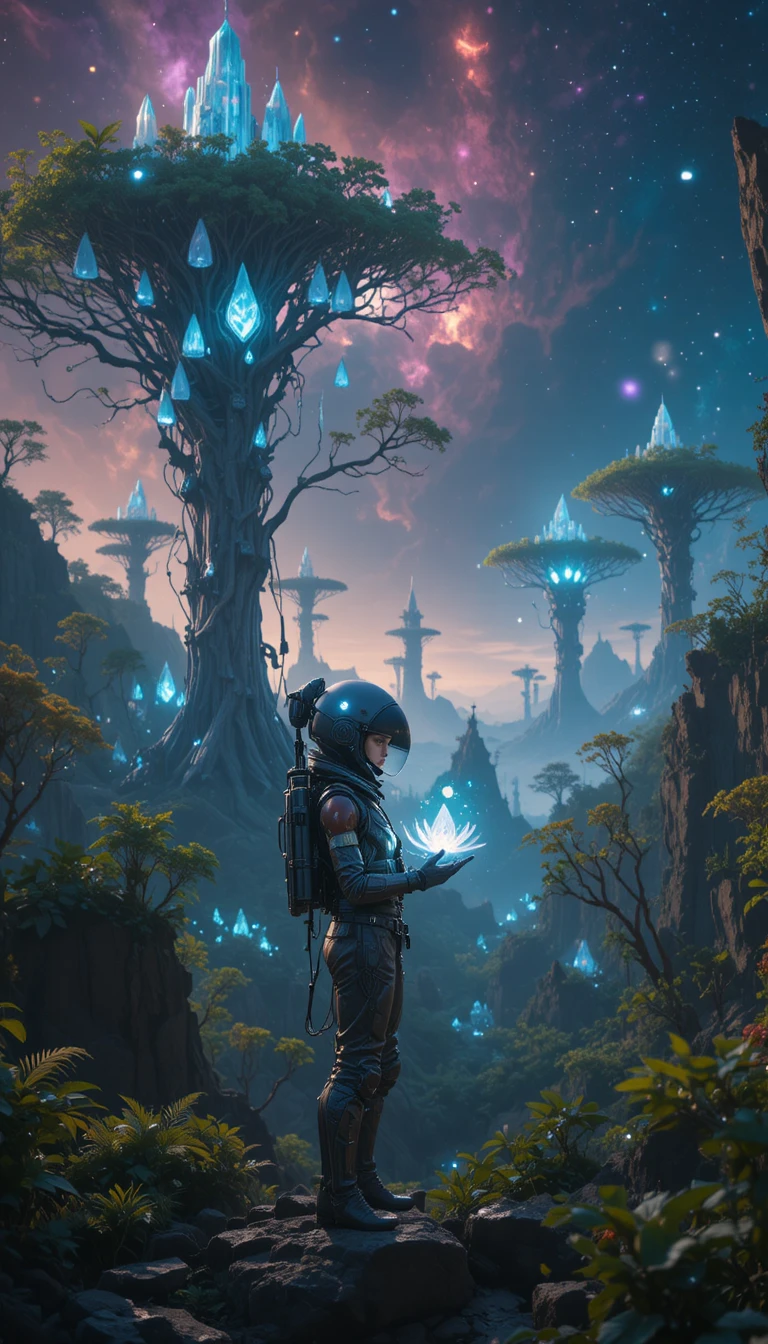 Astronaut Holding Glowing Flower At Edge Of Alien Jungle