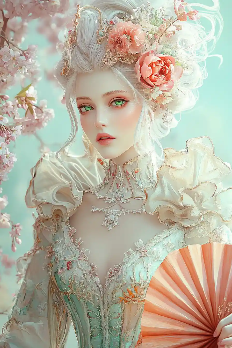 Elegant Fantasy Woman With Floral Curls And Colorful Fan