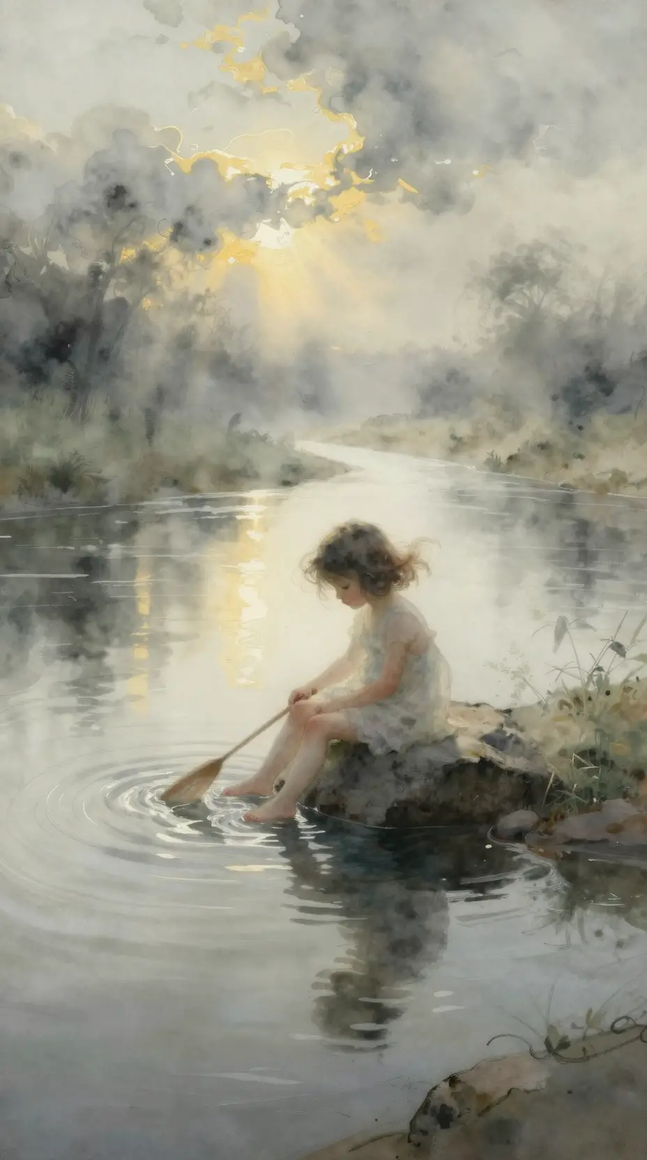 Niña joven sobre una roca en un río brumoso al atardecer dorado