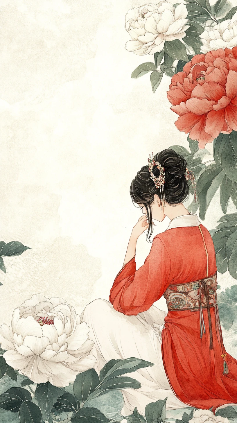 Junges Mädchen im roten Hanfu zwischen Aquarell-Pfingstrosen
