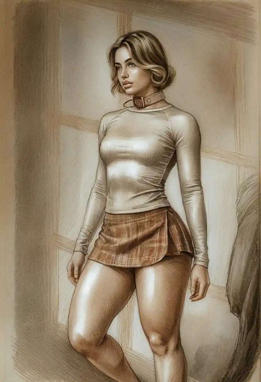 Young woman by a window in color pencil drawing
