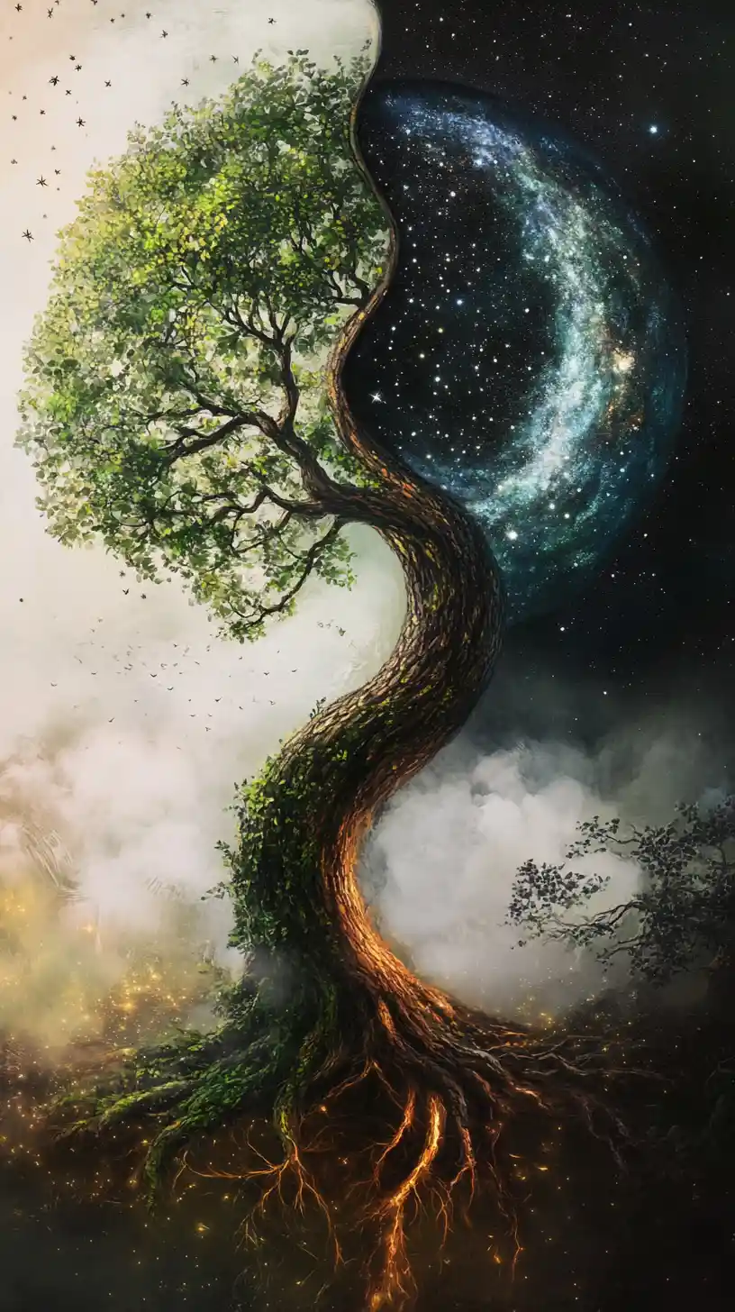 Yin yang symbol merging galaxy tree and ancient forest