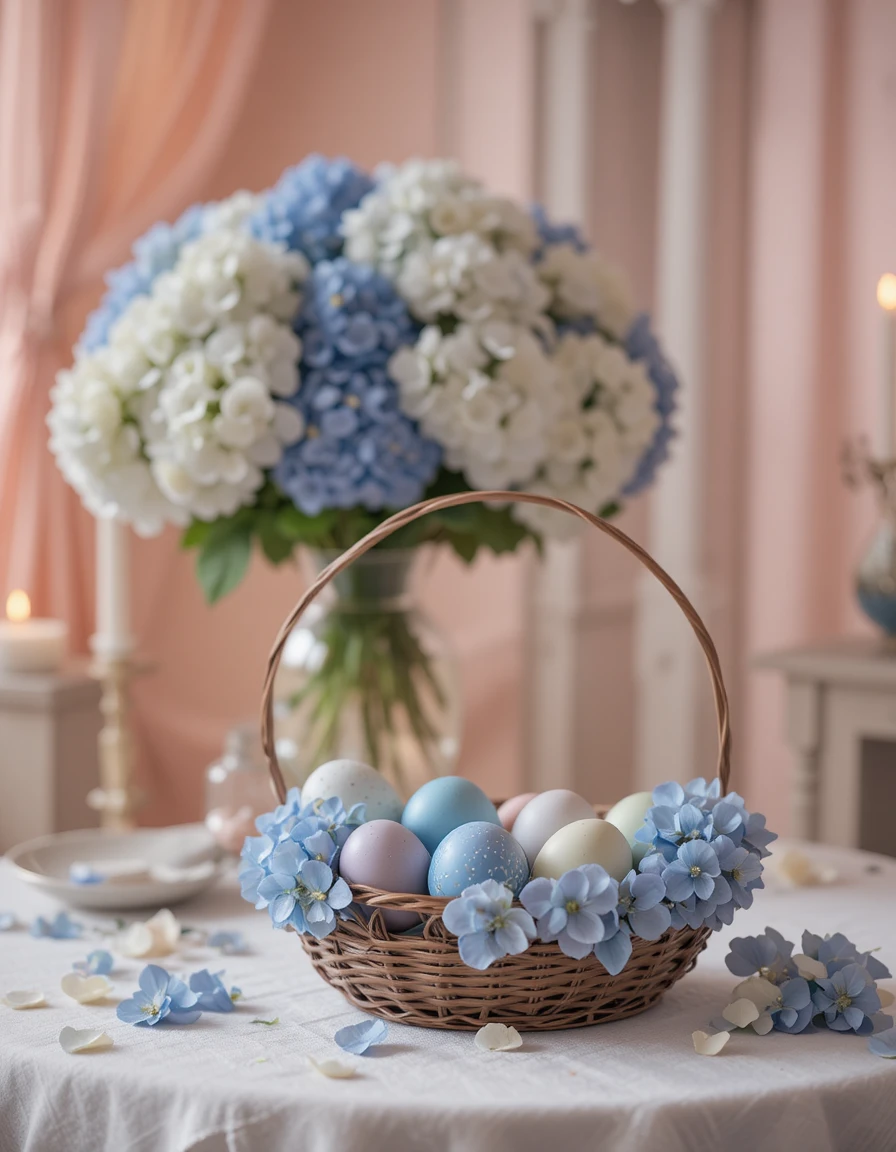 Basket of dyed eggs with blue hydrangeas on a table