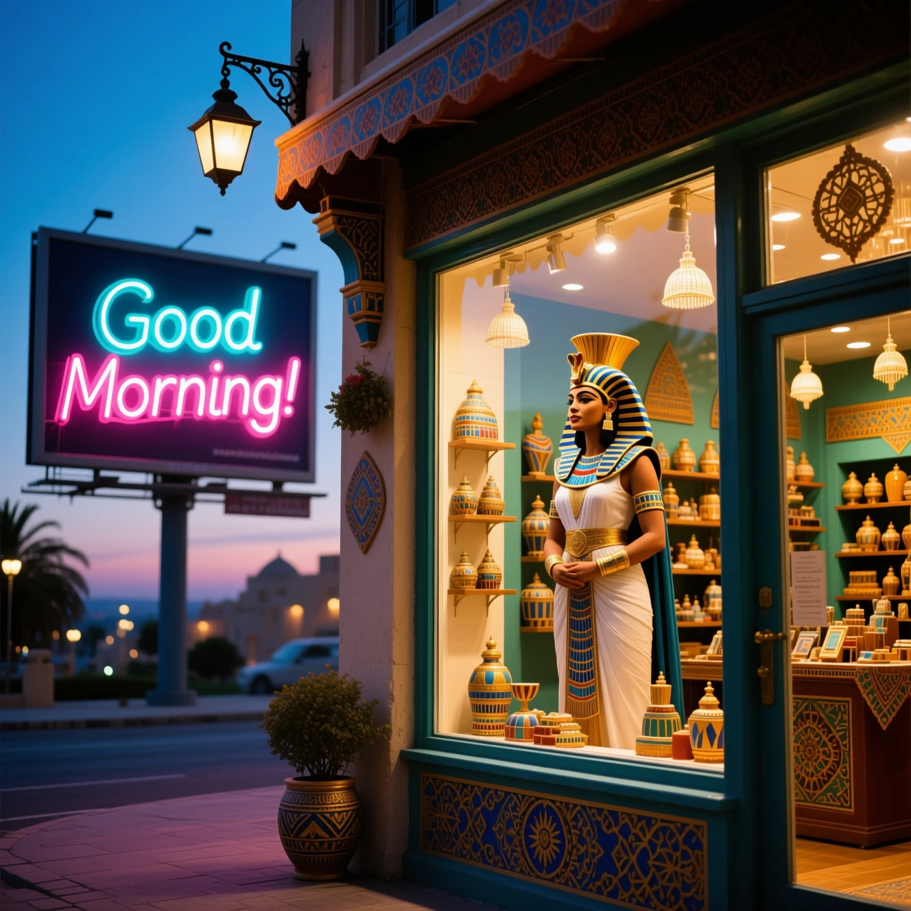 Egyptian queen in shop window overlooking neon morning street