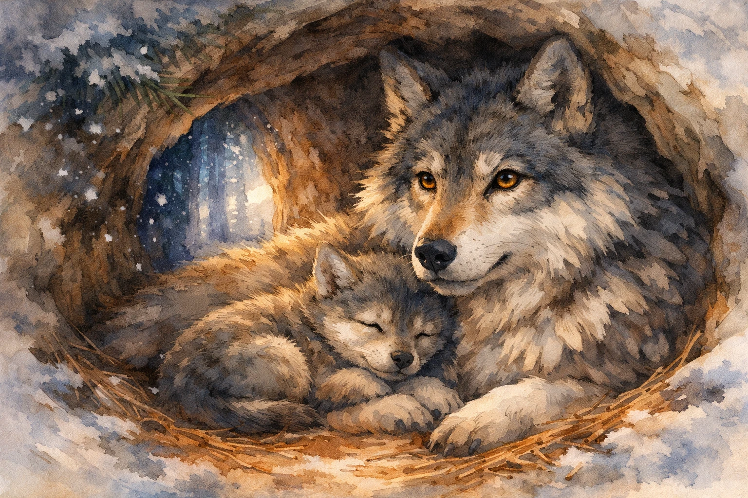 Wolf mother sheltering her pup in a twilight forest den