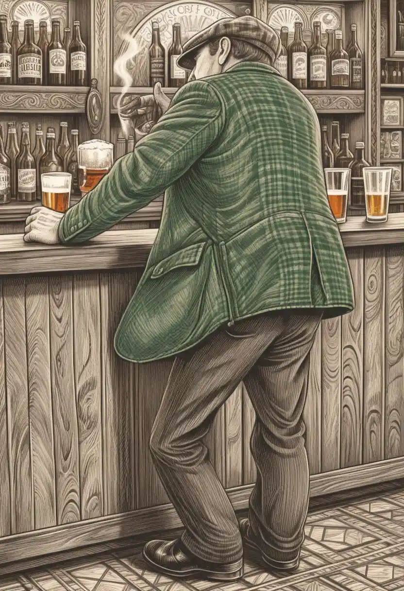 Man with beer and cigarette at vintage wooden pub bar