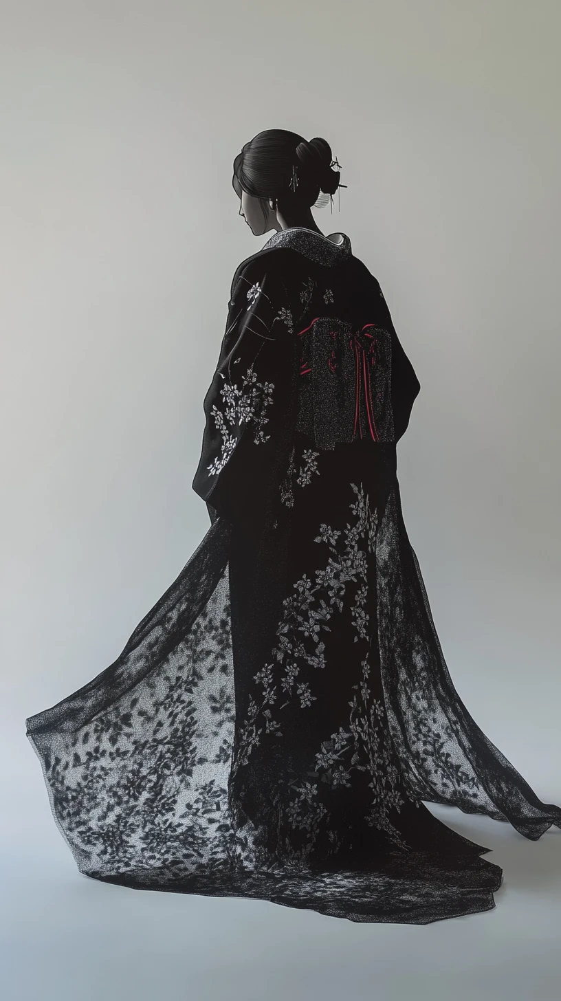 Solitary figure in kimono standing in swirling mist
