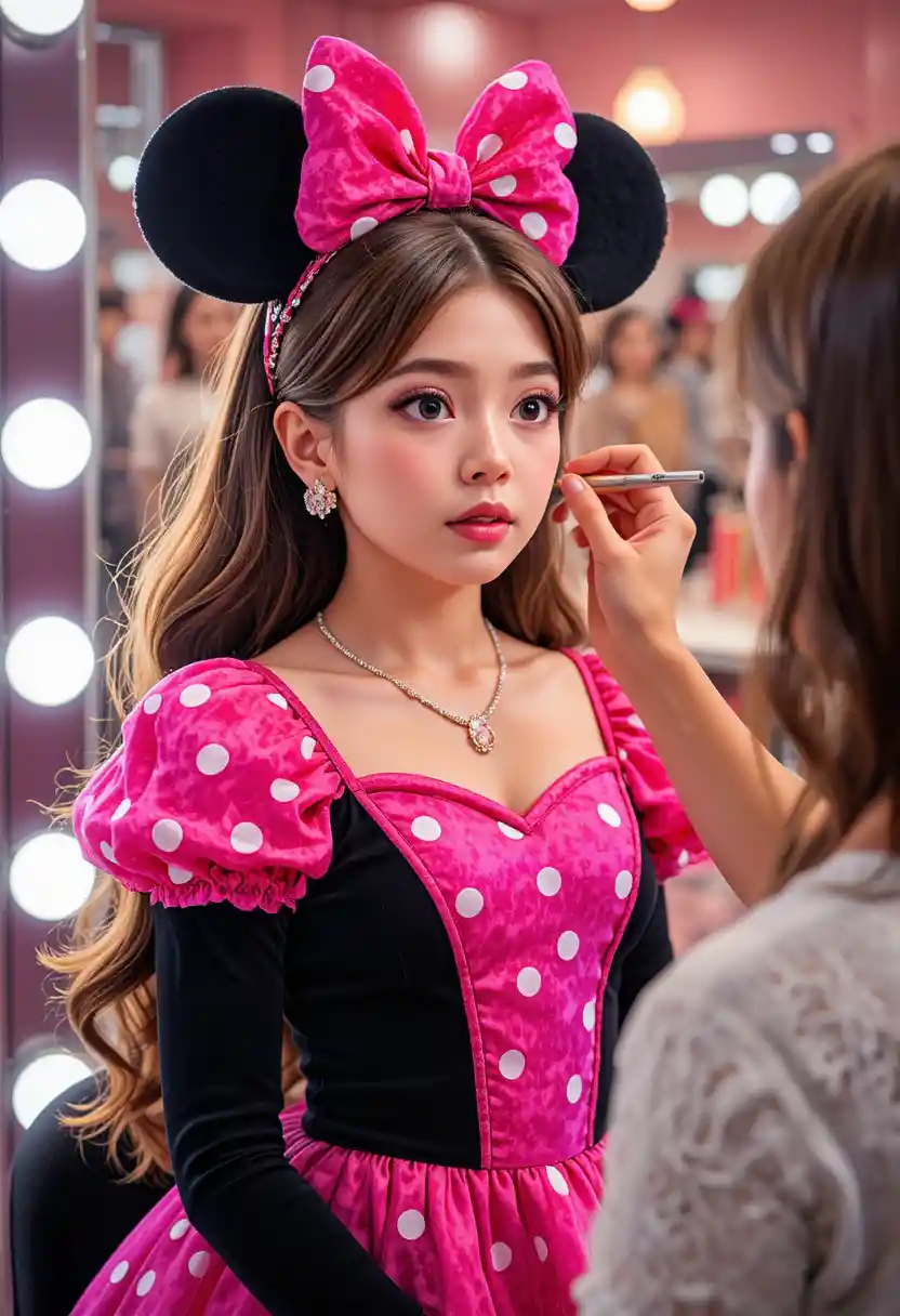 Junger Junge im Minnie-Kleid bekommt Make-up in der Garderobe