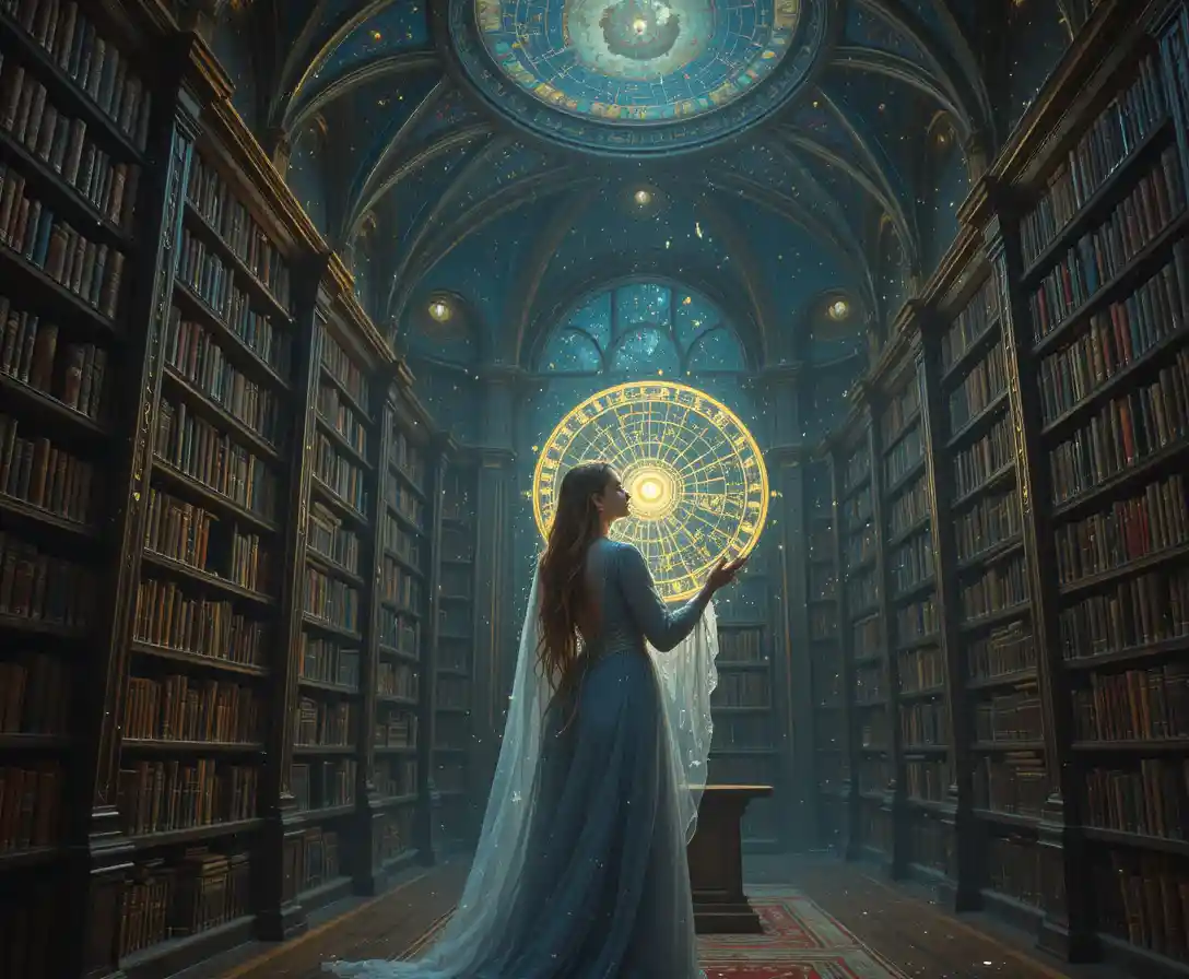 Ethereal librarian studying a glowing celestial star map