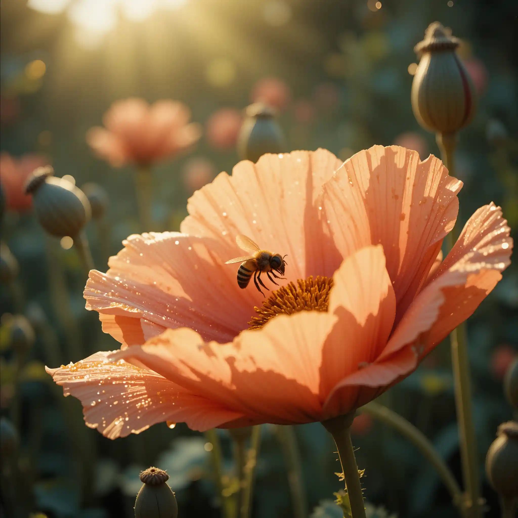 Macro poppy flower with bee in warm morning light