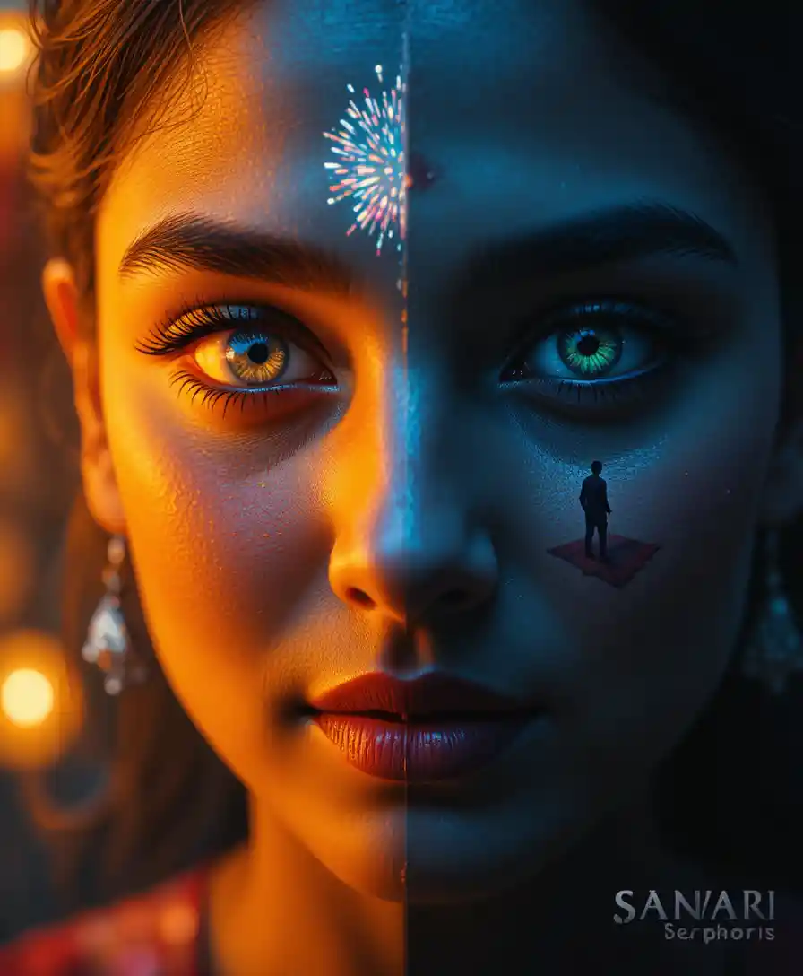 Split face close up portrait with contrasting emotional sides