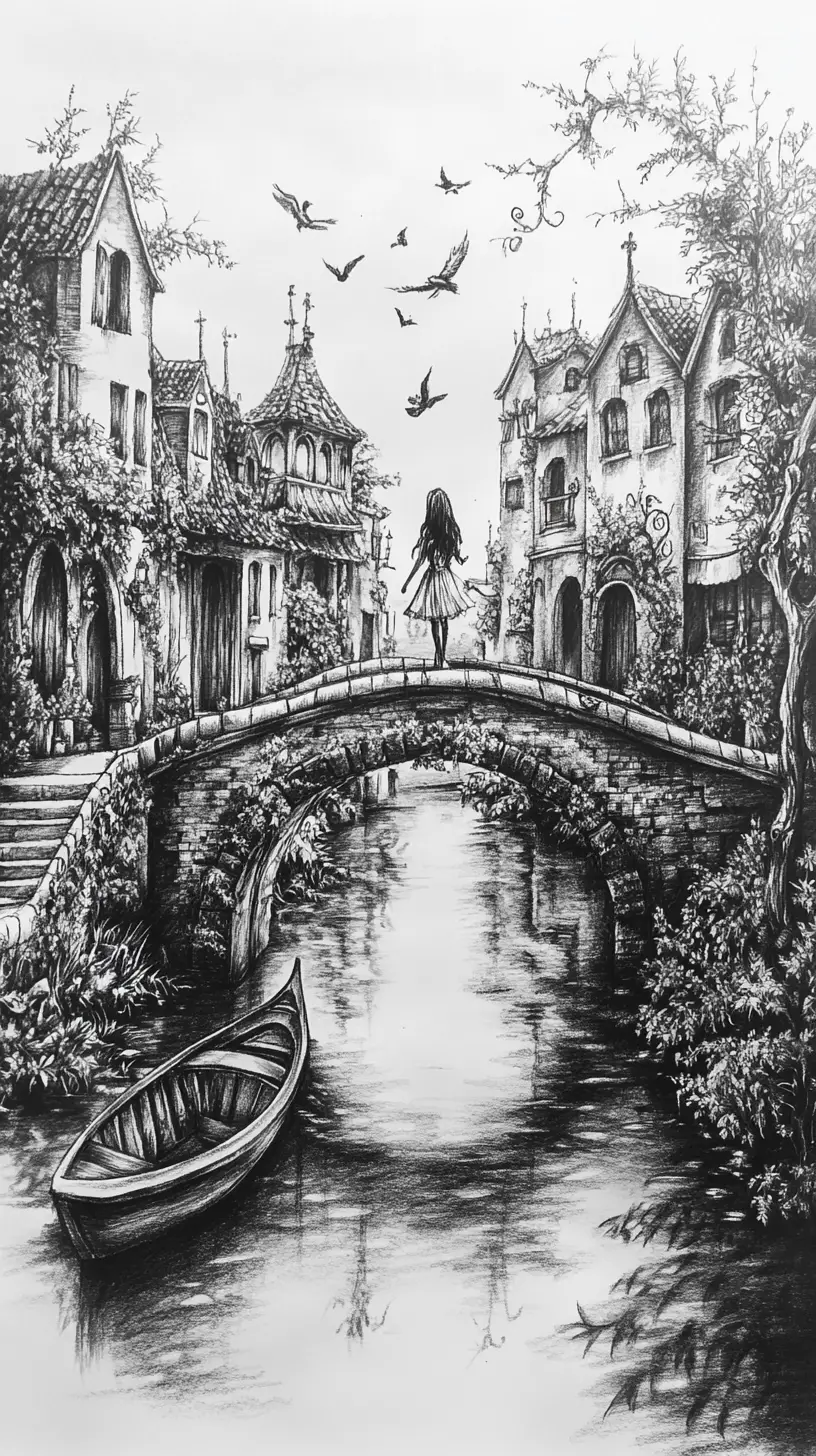 Girl walking along a serene European canal bridge scene