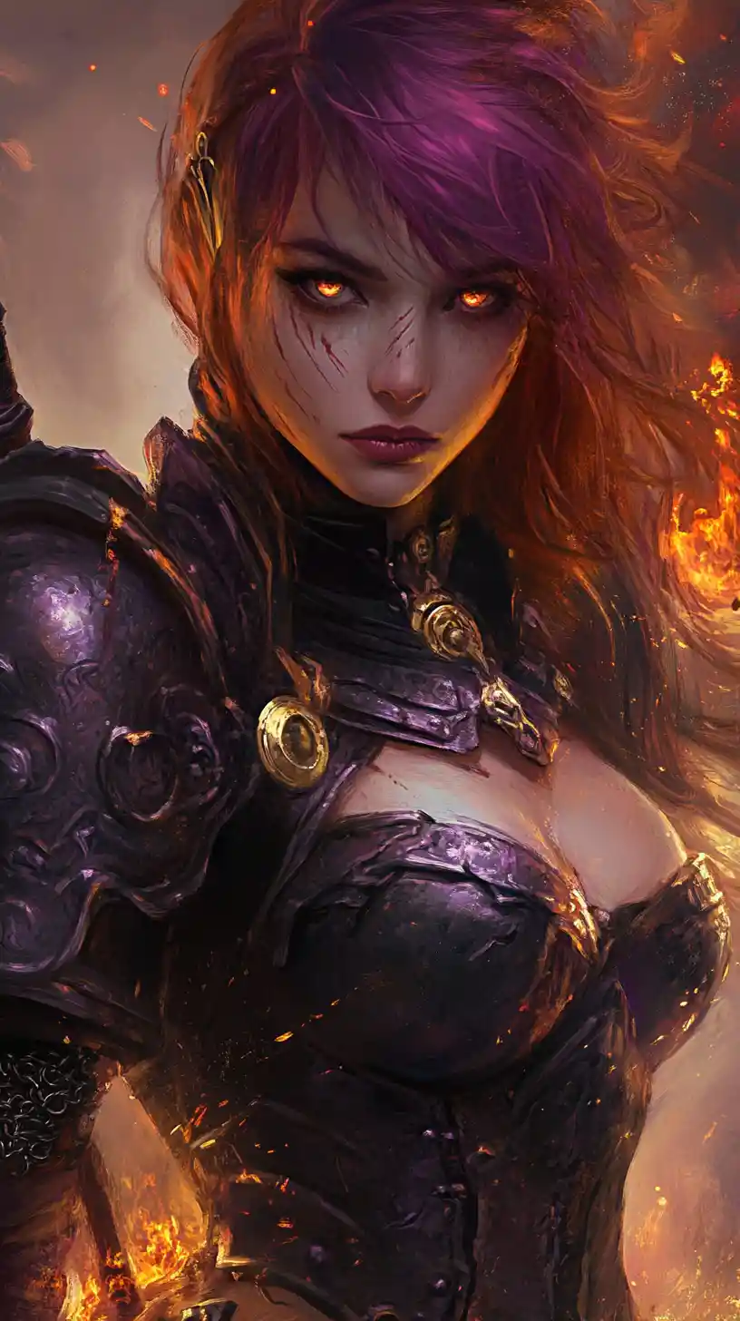 Scarred anime warrior woman in futuristic fantasy armor