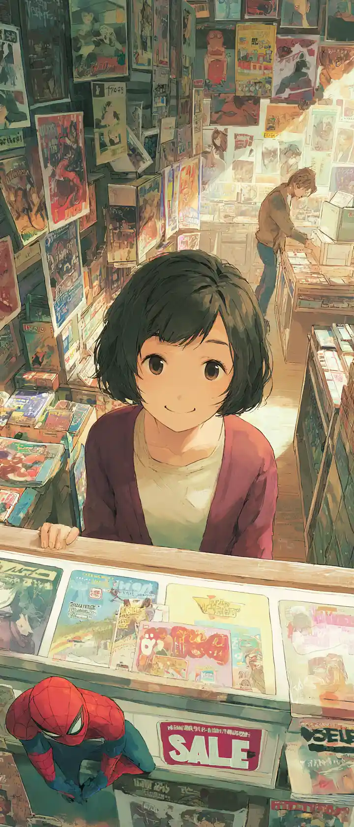 Anime girl waving behind counter in comic shop