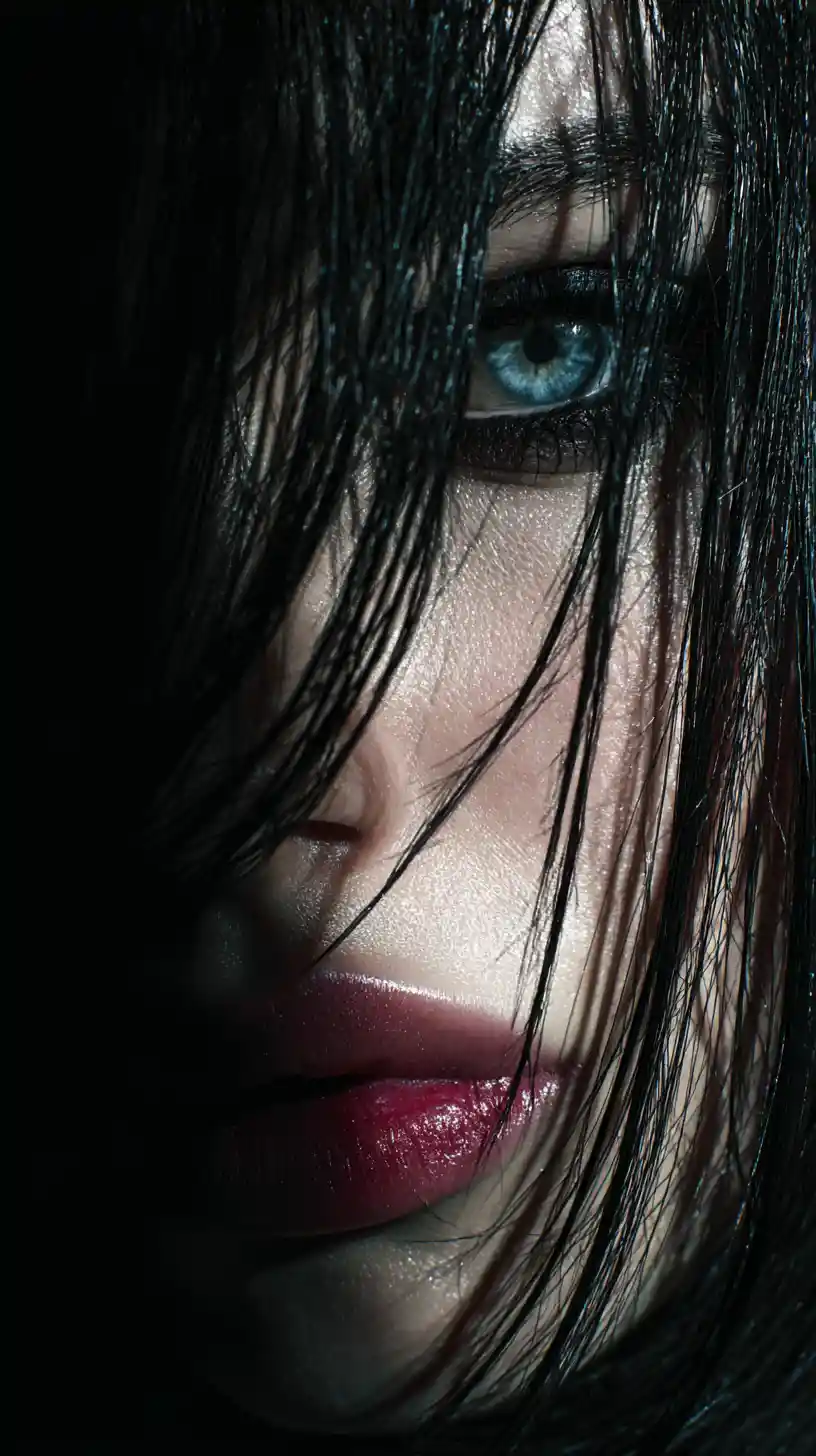 Gotische Frau im Chiaroscuro mit stechend blauen Augen