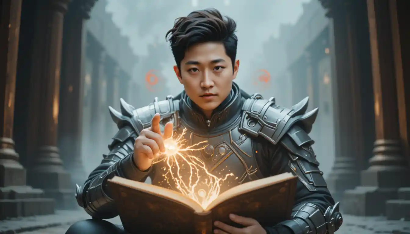 Young man in exoskeleton absorbing ancient mystical power
