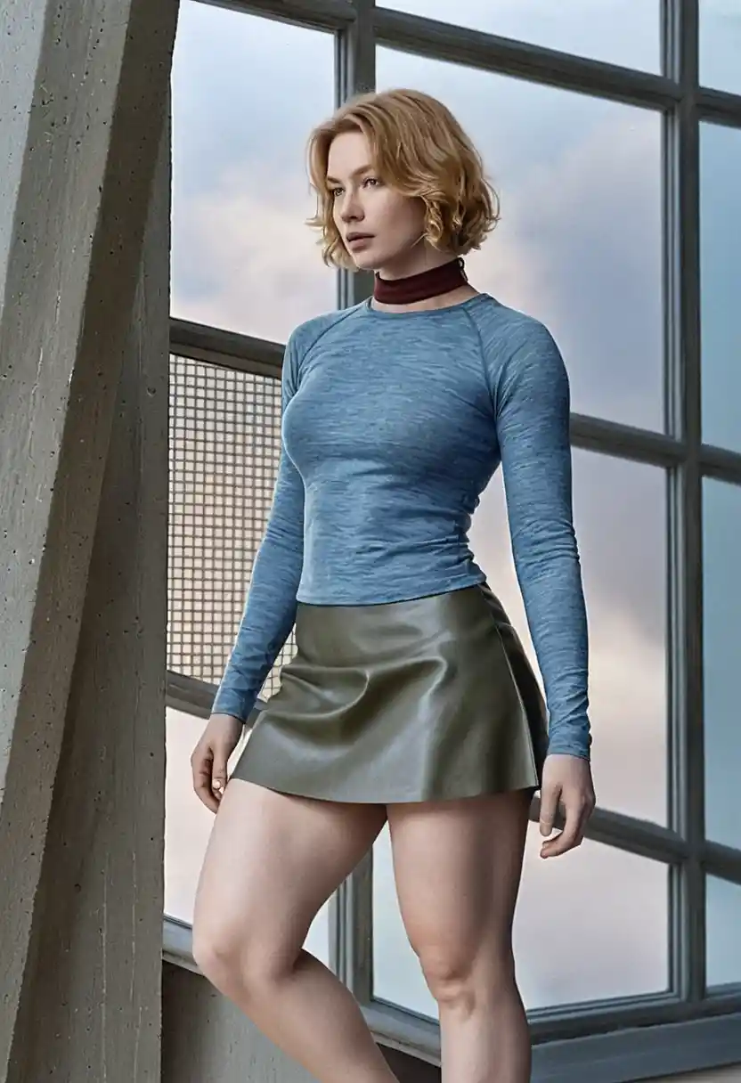 Young woman standing by a large window in soft light