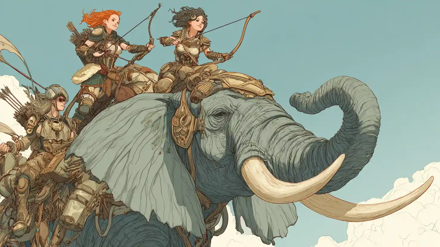 Ragazza barbarica steampunk che cavalca un elefante volante