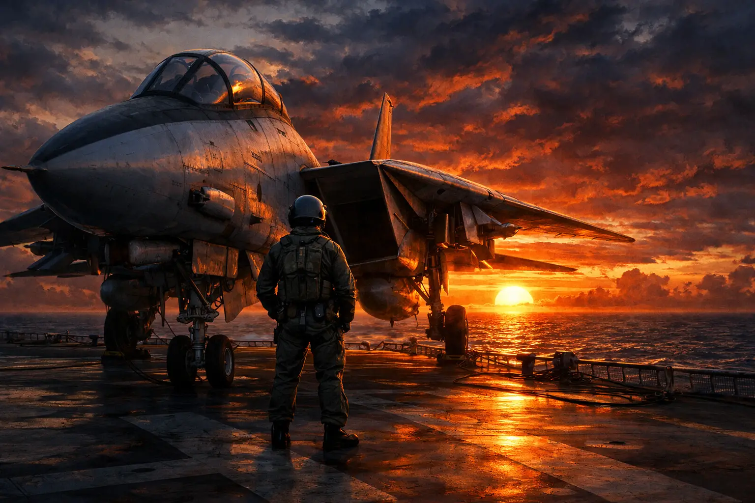 Jet F-14 e pilota sul ponte di una portaerei al tramonto