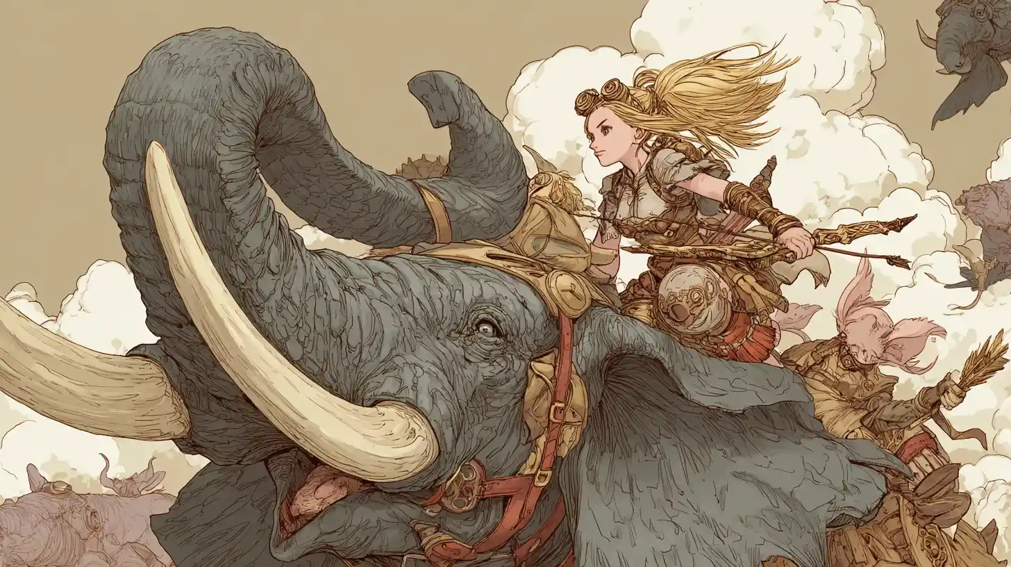 Steampunk warrior woman riding a giant flying elephant