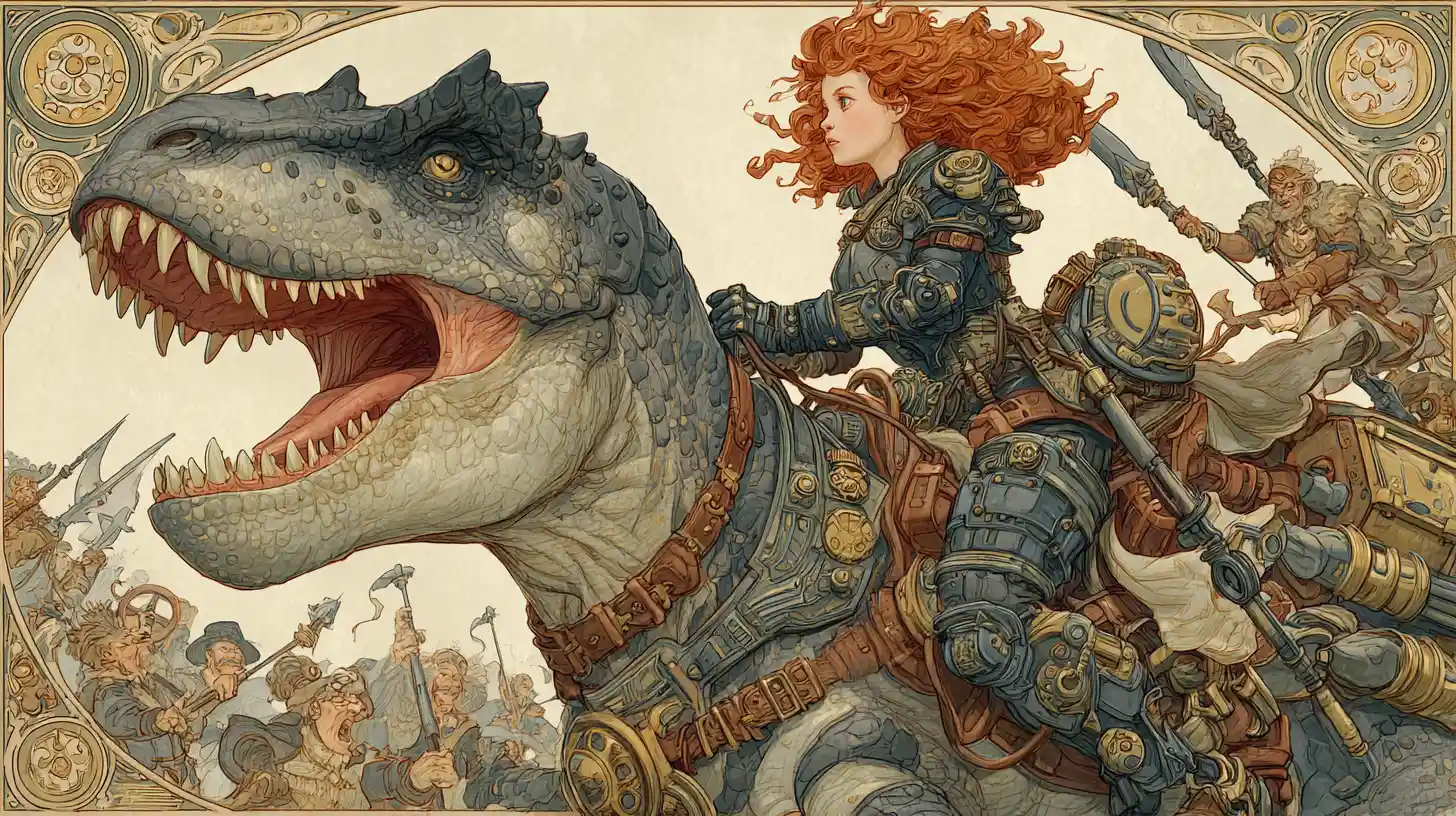 Steampunk warrior woman riding a tyrannosaurus rex into battle