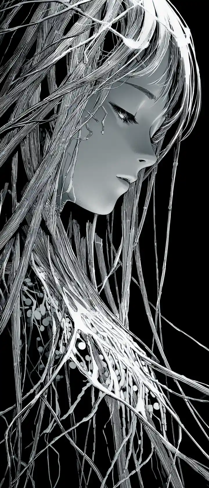 Fille d’anime fusionnant avec des câbles à fibre optique dans l’obscurité