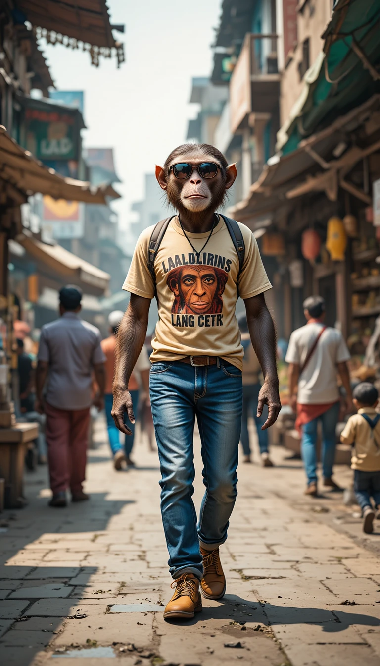 Monkey Walking Upright Through A Colorful Indian Market