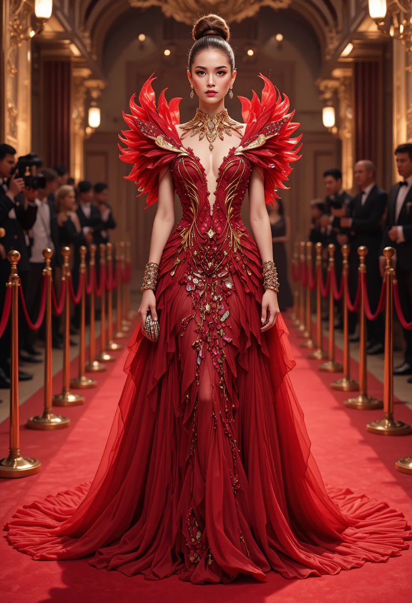 Avant garde couture woman posing on a glowing red carpet