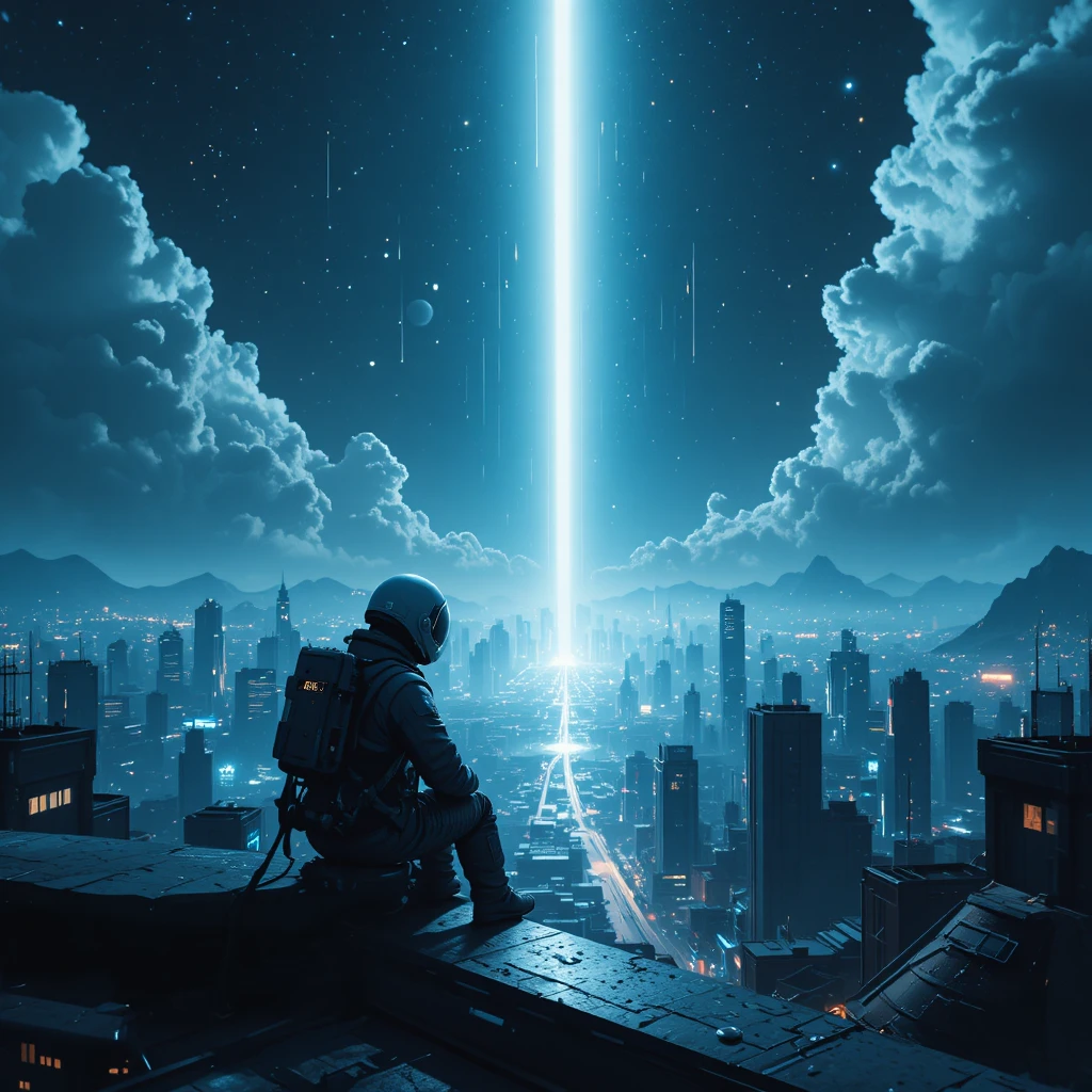 未来都市の屋上で天の光に向き合う宇宙飛行士