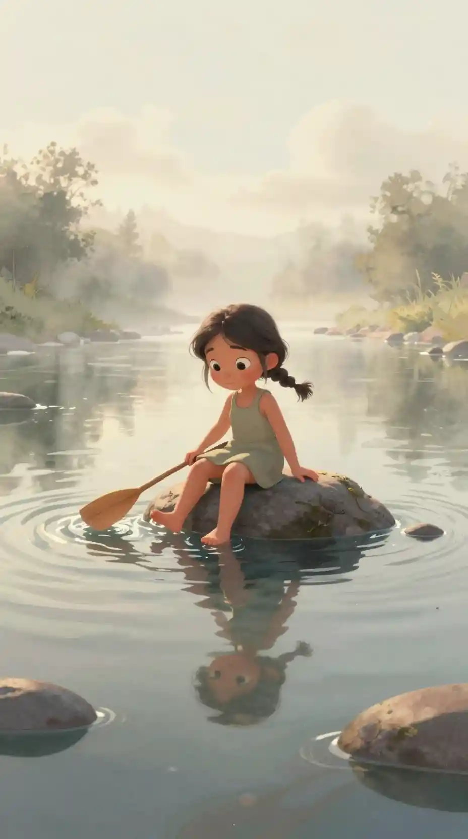 Bambina su uno scoglio in un fiume nebbioso all’ora d’oro