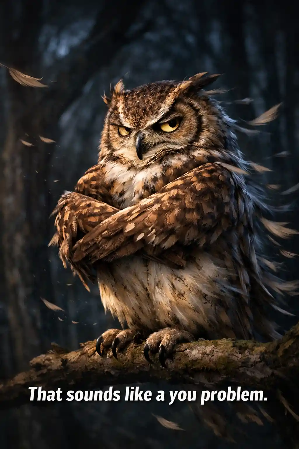 Judgmental owl with folded wings in a dark forest