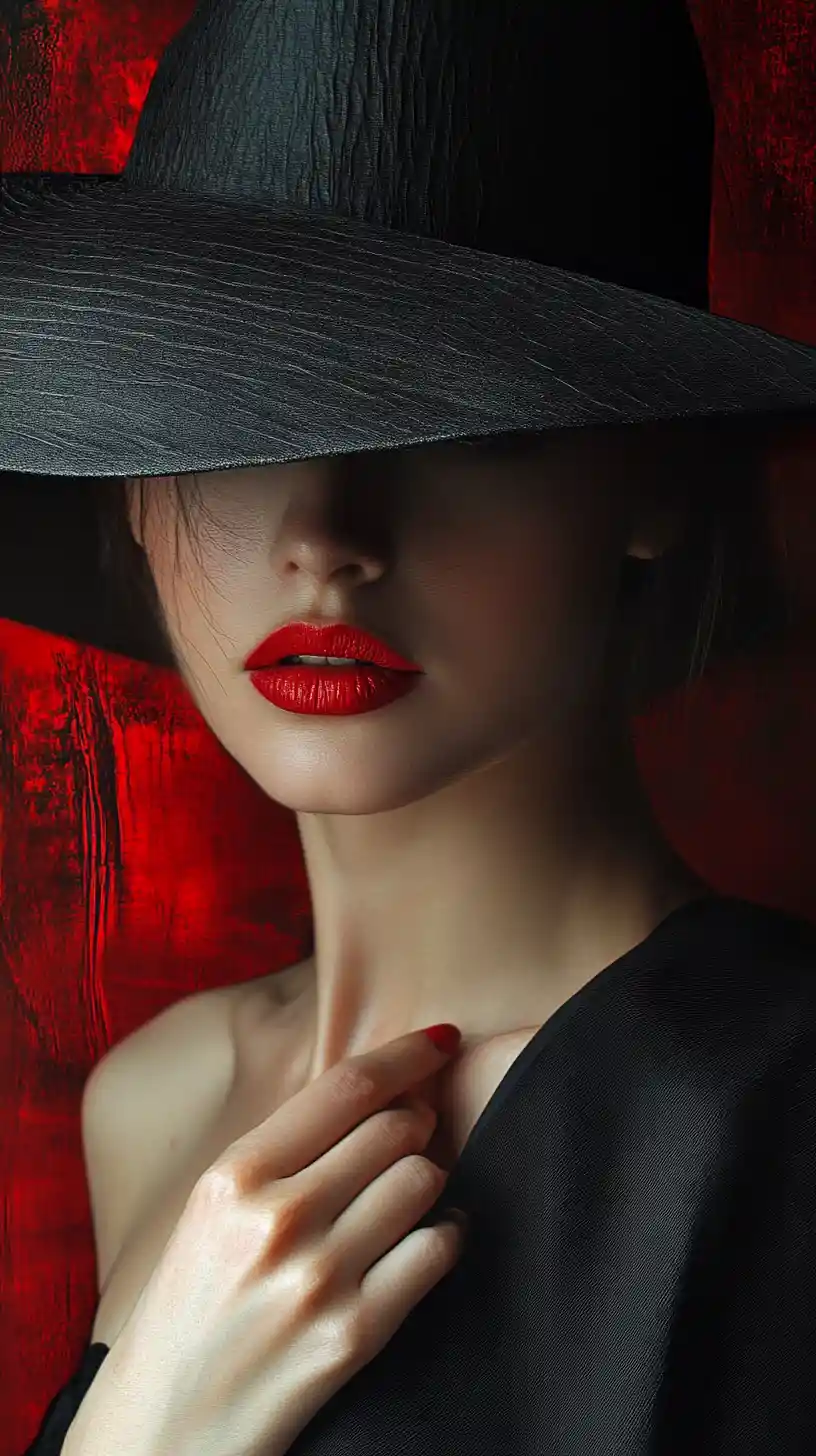 Mujer misteriosa con sombrero negro y labios rojos intensos