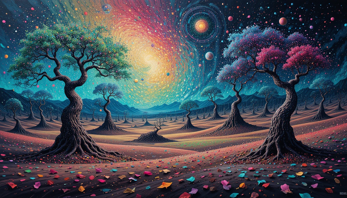 Kaleidoskopische surreale Landschaft mit wirbelnden pointillistischen Farben