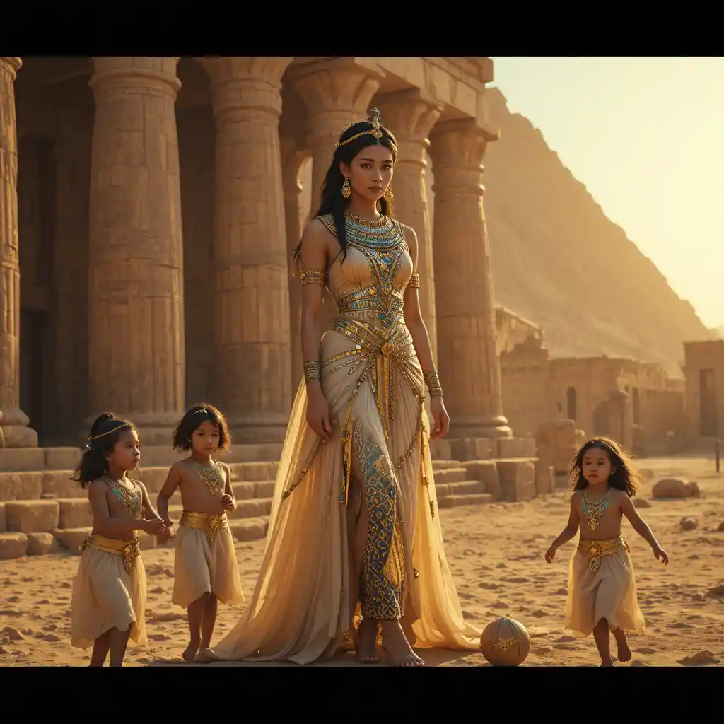 Egyptian queen by sandstone temple at golden hour