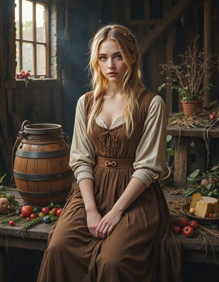 Young woman in rustic barn preparing food in warm light
