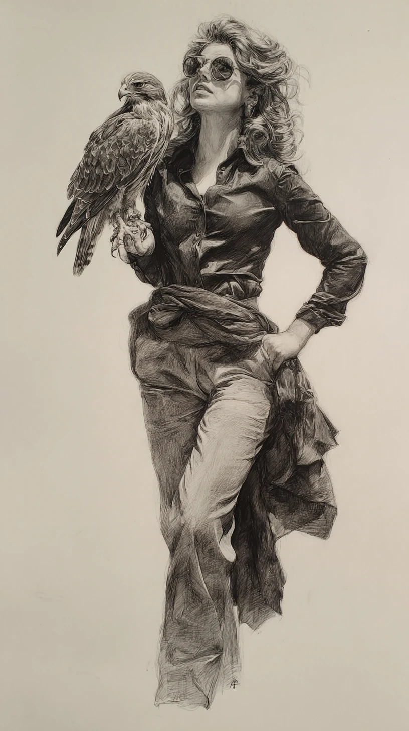 Stylish woman in pantsuit with harpy eagle companion drawing