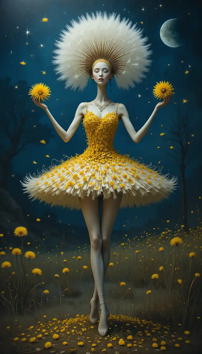 Surreal dandelion ballerina dancing against a deep blue night