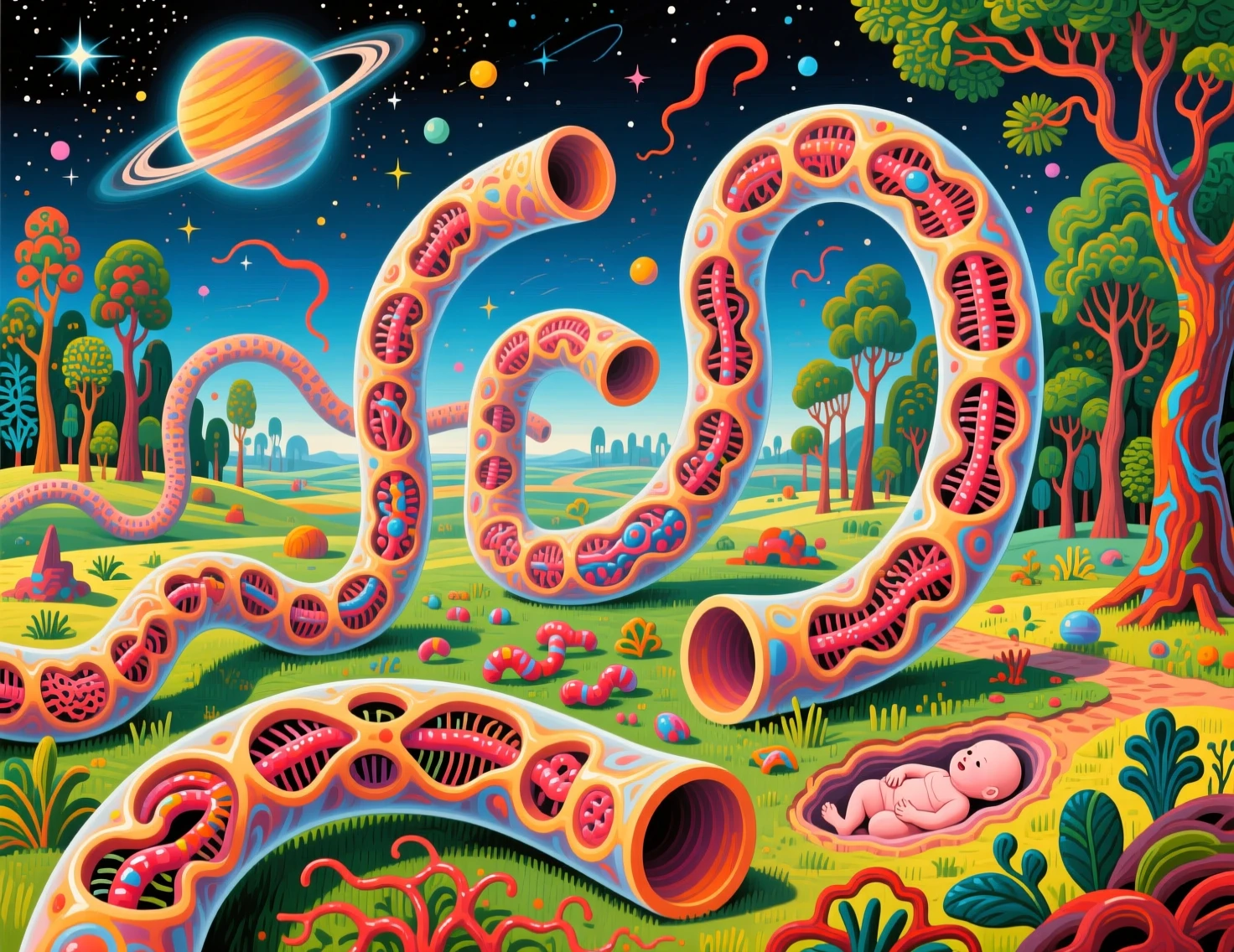 Surreal tubular beings reflecting in an abstract cosmos